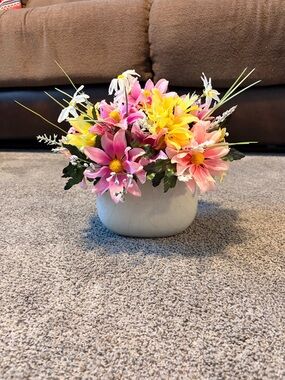 Artificial Floral Arrangement in White Ceramic Pot - Pink & Yellow